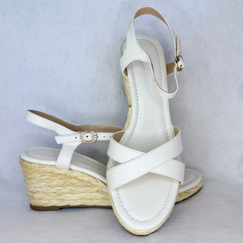 White Espadrille Womens Size 8 Wedge Sandals Ankle Strap NEW